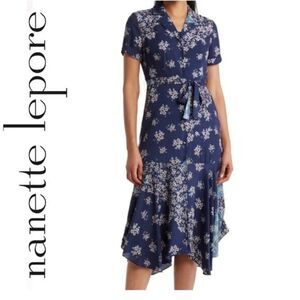 Nanette Lepore Blue Floral short sleeve Midi belted shirt Dress Size 4